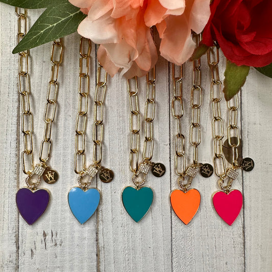Paper Clip Chain Necklace with Enameled Heart Pendant 