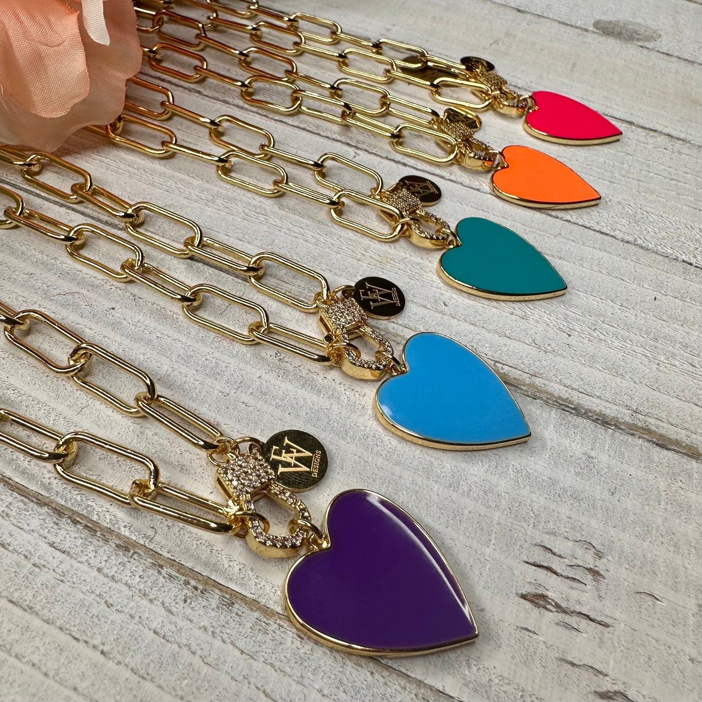 Paper Clip Chain Necklace with Enameled Heart Pendant in different colors