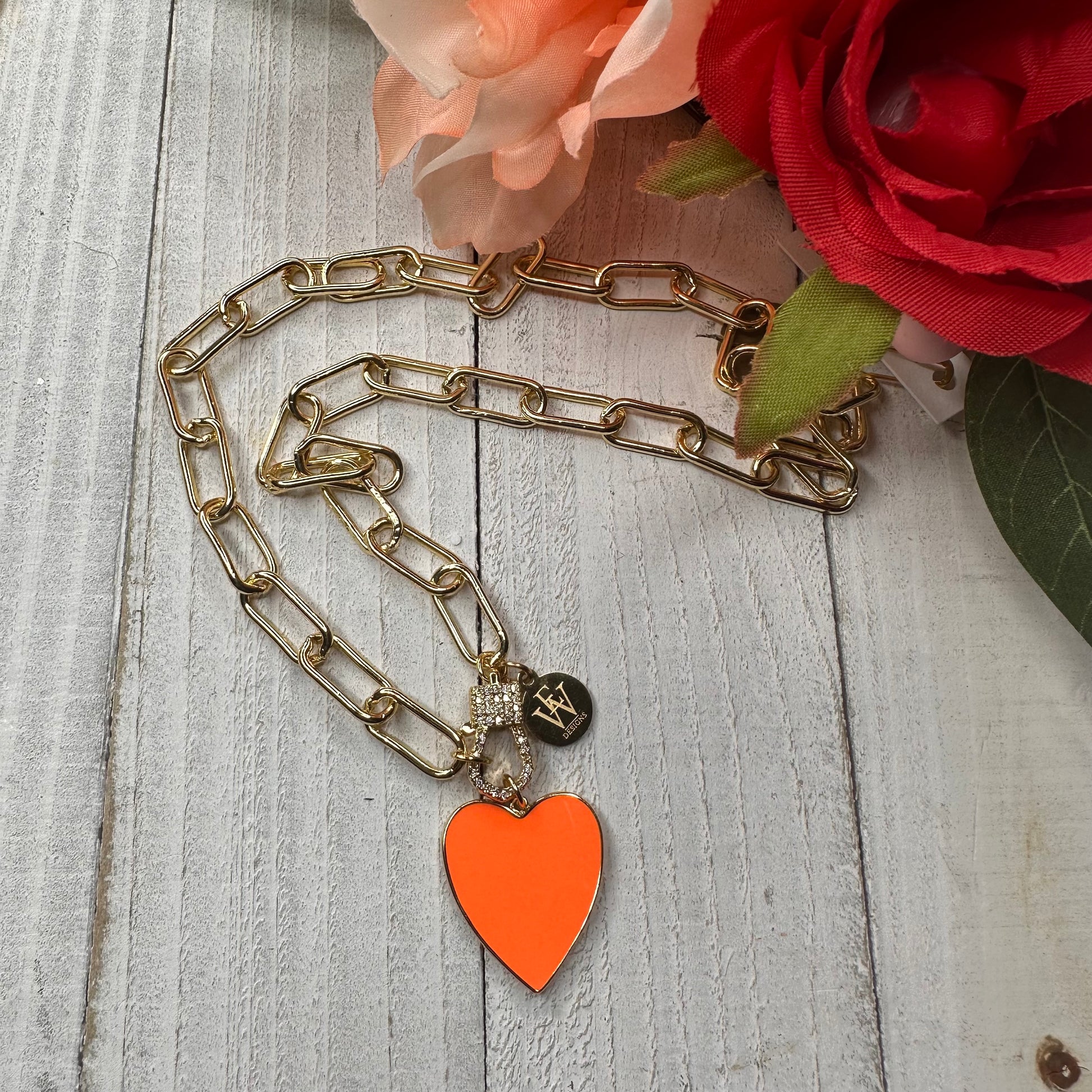 Paper Clip Chain Necklace with Neon Orange Enameled Heart Pendant 