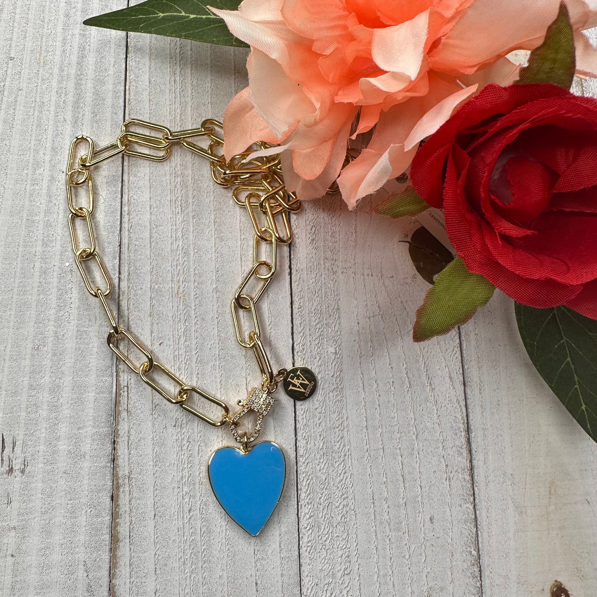 Paper Clip Chain Necklace with Light Blue Enameled Heart Pendant 
