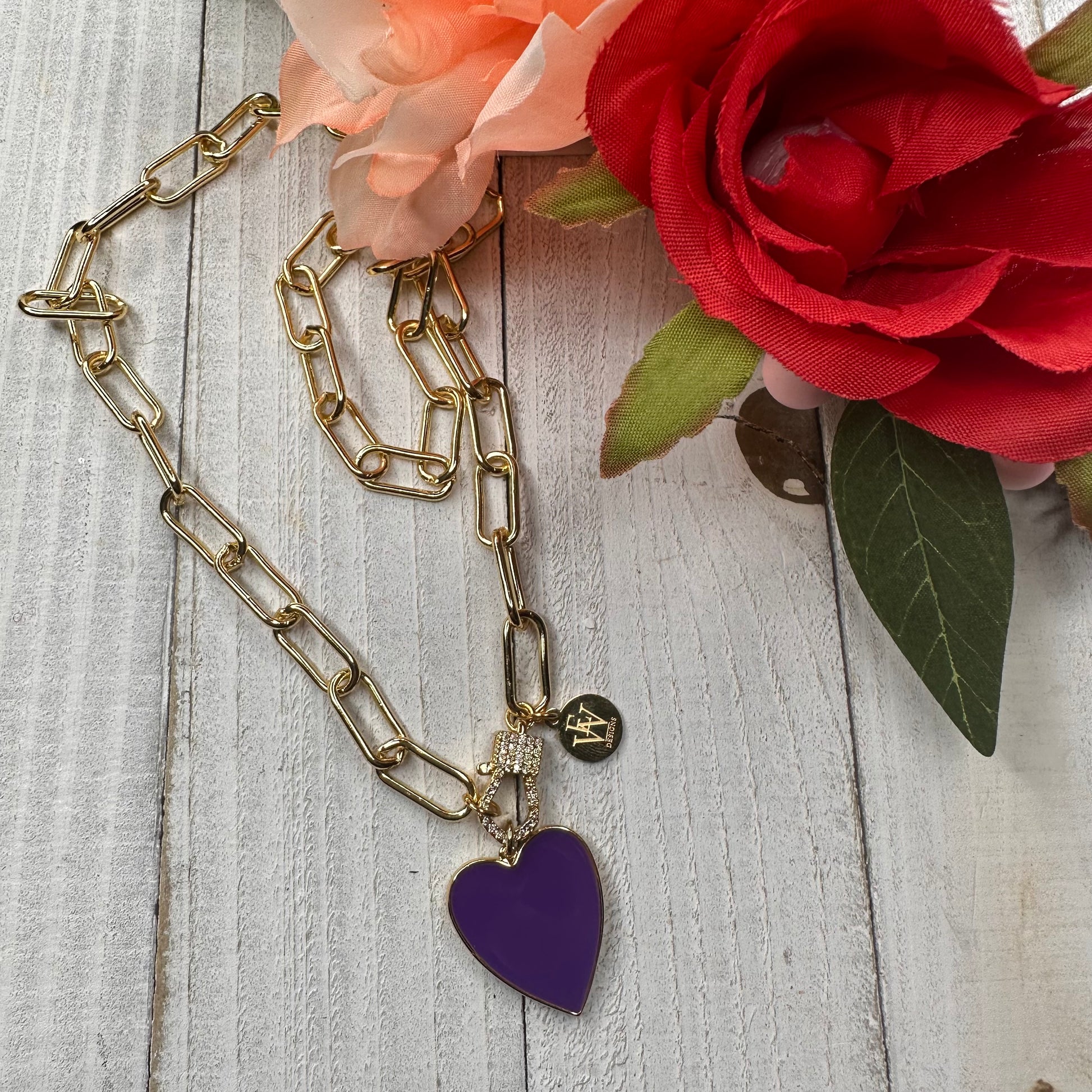 Paper Clip Chain Necklace with Purple Enameled Heart Pendant 