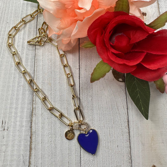 Paper Clip Chain Necklace with Blue Enameled Heart Pendant