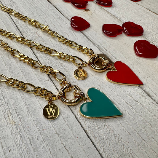 Cuban Link Chain with Enameled Heart Pendant 300-25 | Erika Williner Designs