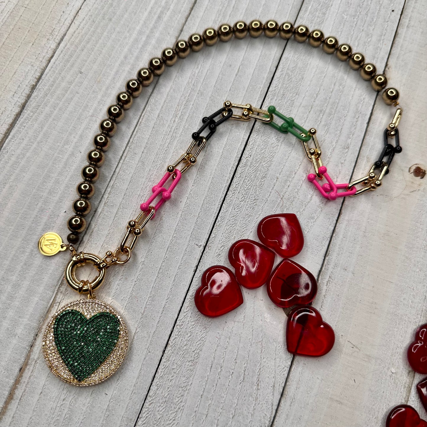 Electroplated Hematite Round Beads and Multicolor Enameled Tiffany Chain Link Necklace with Heart Pendant