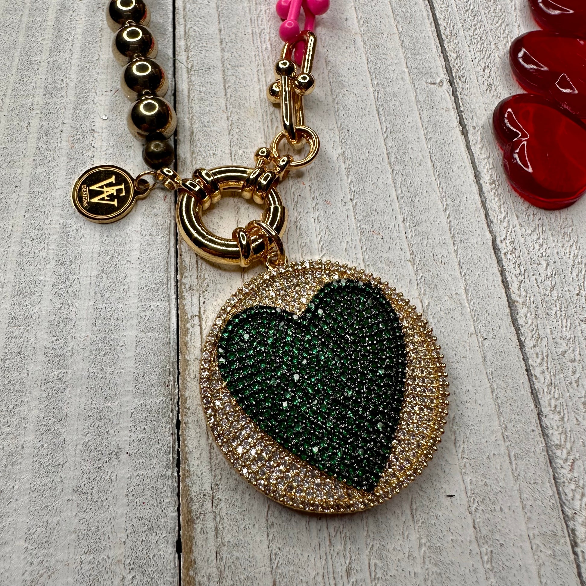 Electroplated Hematite Round Beads and Multicolor Enameled Tiffany Chain Link, this one of a kind necklace features a stunning heart micro pave pendant
