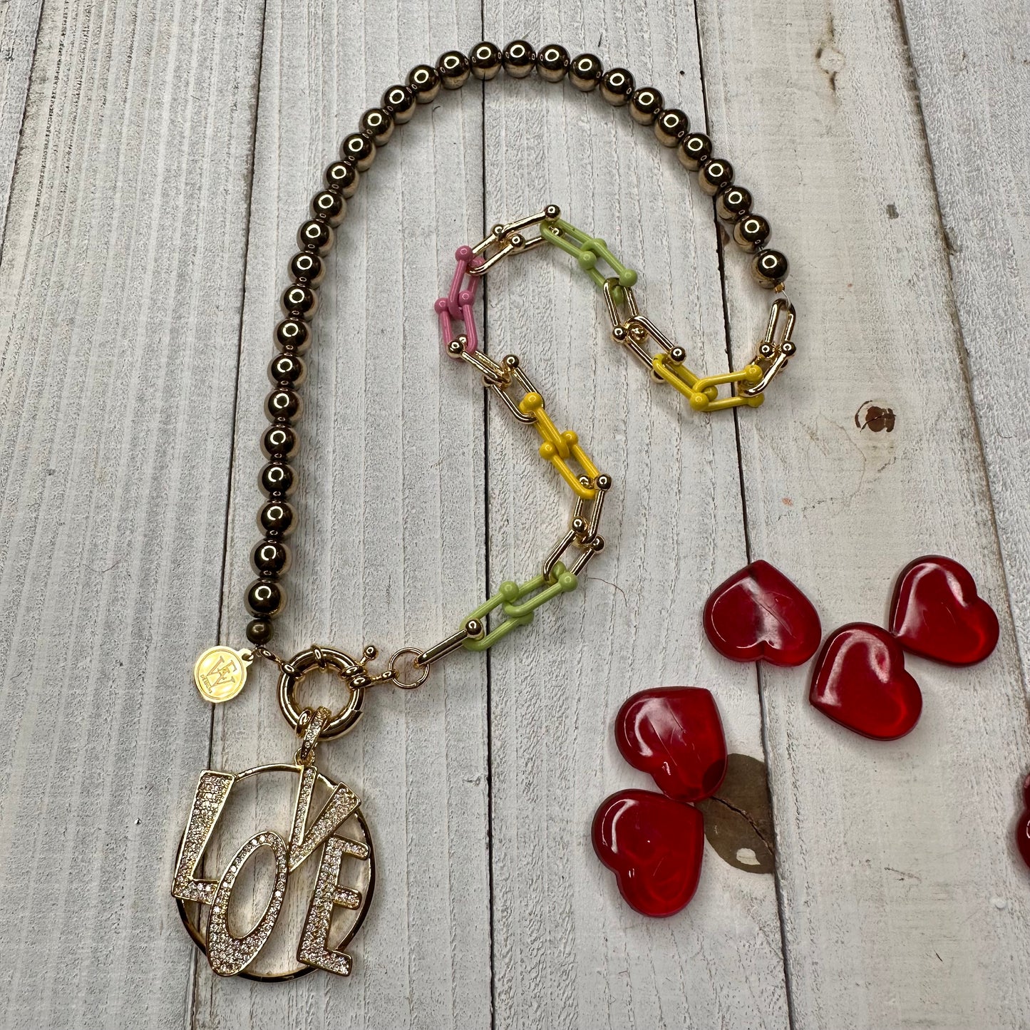 Electroplated Hematite Round Beads and Multicolor Enameled Tiffany Chain Link Necklace with Love Pendant