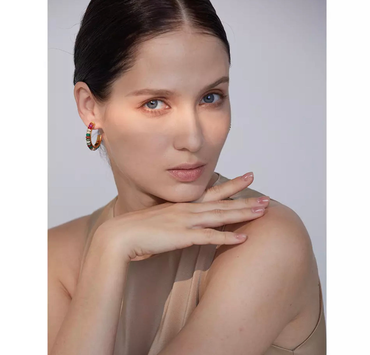 Stainless Steel Hoops with Multicolor Agates Stones 220-17 | Erika Williner Designs