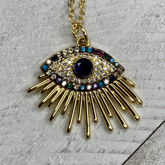Gold Plated Necklace with Embellished Evil Eye Pendant 330-30 | Erika Williner Designs