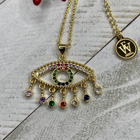 Gold Plated Chain with Fun and Colorful CZ Embellished Evil Eye Pendant