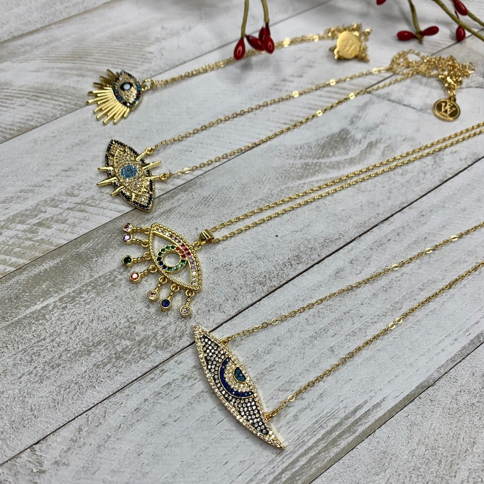 Gold Plated Necklace with Embellished Evil Eye Pendant 330-30 | Erika Williner Designs