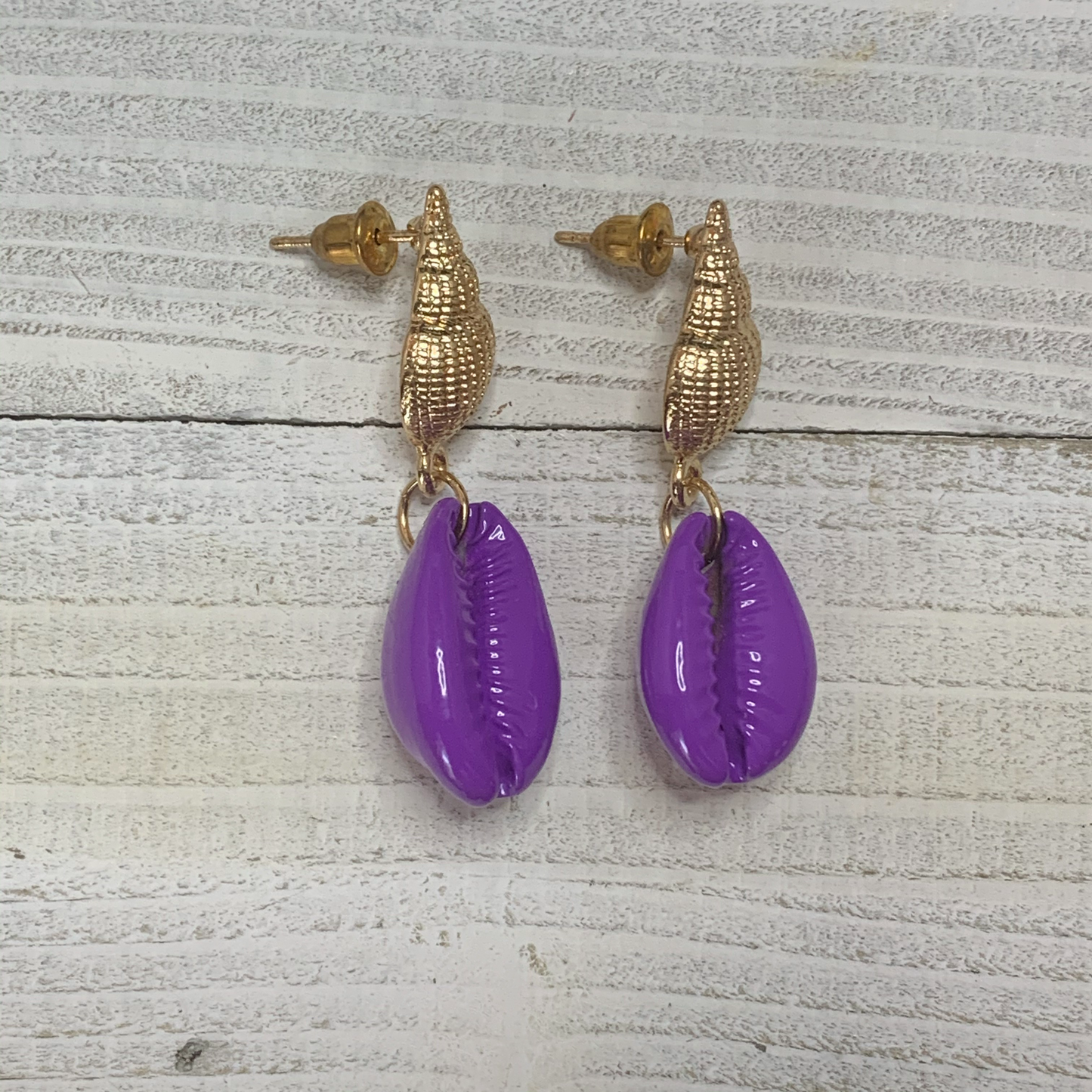 Gold Plated earrings with purple cowry shells