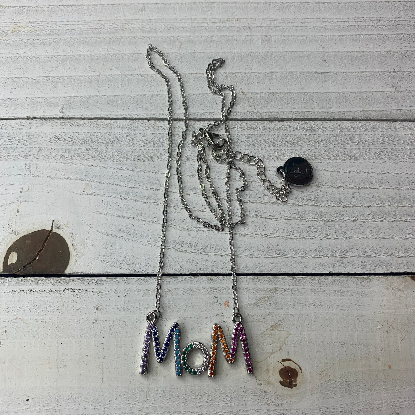 Silver Chain with a multicolor cz pave embellished Mom pendant