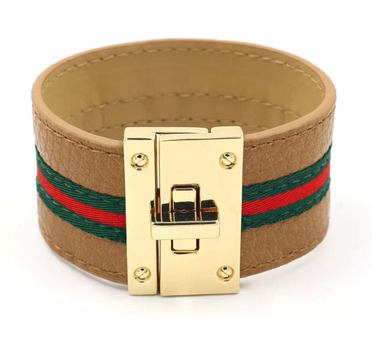 Tan Leather Cuff Bracelet with a Golden Buckle