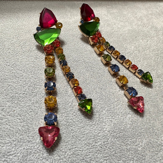 front view of multicolor tassel gemstone earrings