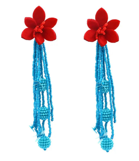 Erika Williner Designs - Red Flower with turquoise beads tassels earrings