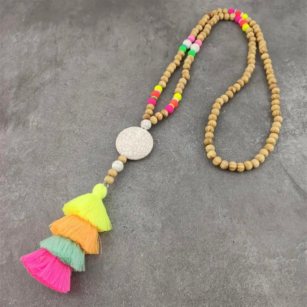 Wooden Beads with Circle Magnesite and Cotton Tassel 