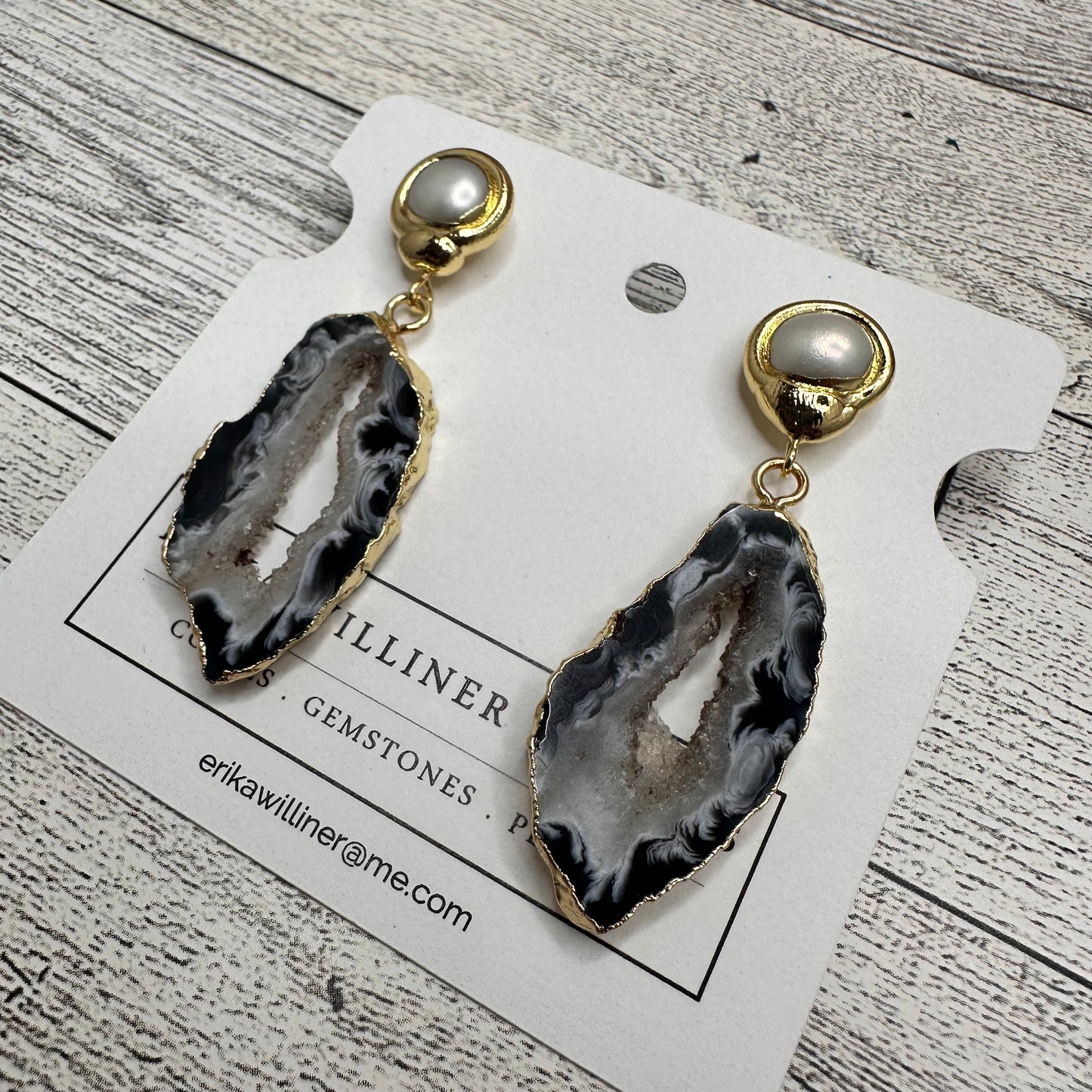 Agate Druzy Drop Earring with Gold and Pearl Post | Erika Williner Designs