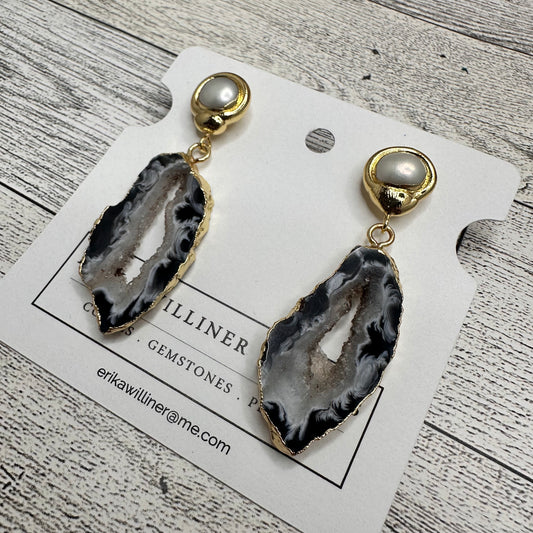 Agate Druzy Drop Earring with Gold and Pearl Post | Erika Williner Designs