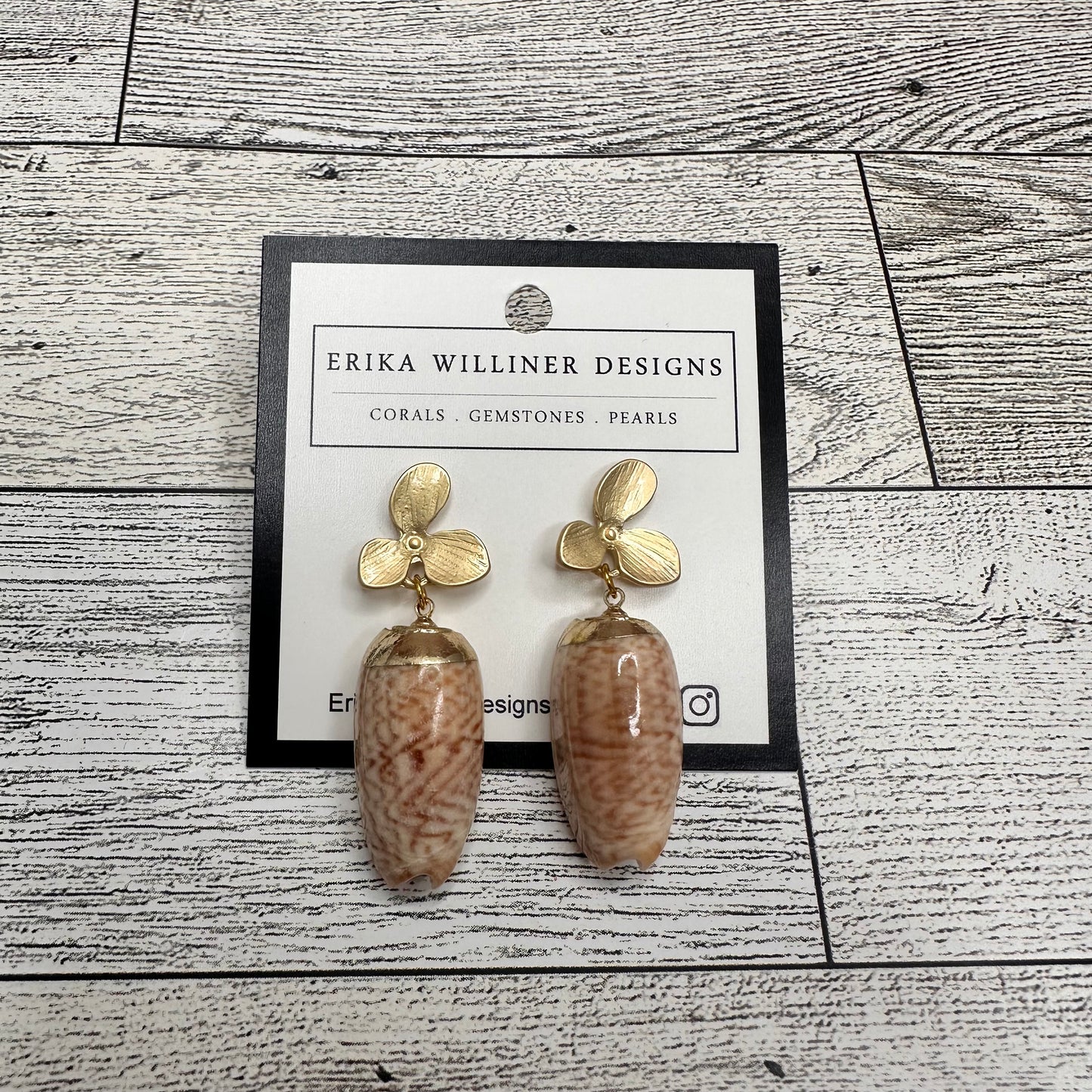 Olive Seashell Earrings with Metal Flower Posts | Erika Williner Designs