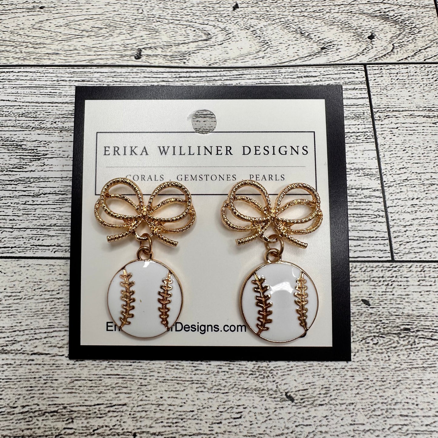 Enamel Baseball Earrings with Gold Ribbon Post | Erika Williner Designs