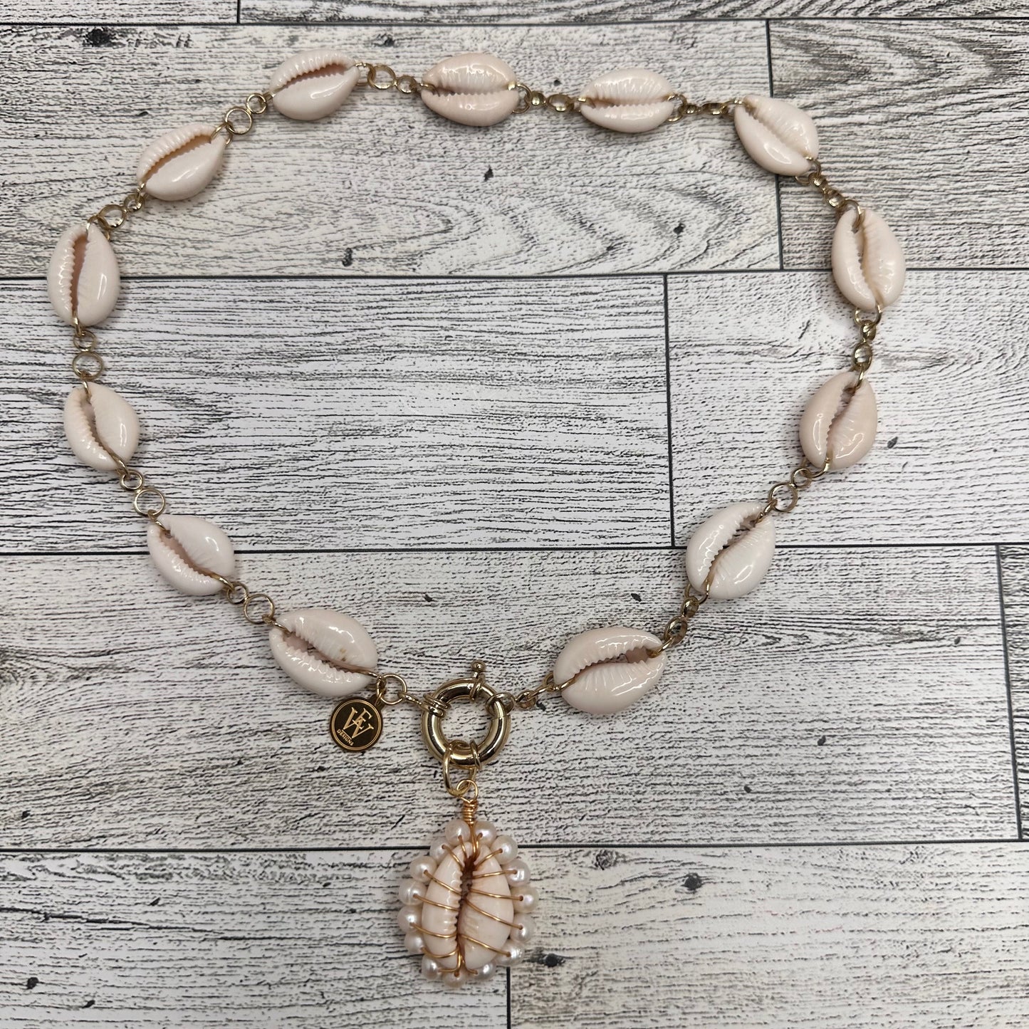 Cowry Shells Necklace with Italian Clasp And Cowry and pearls Pendant | Erika Williner Designs