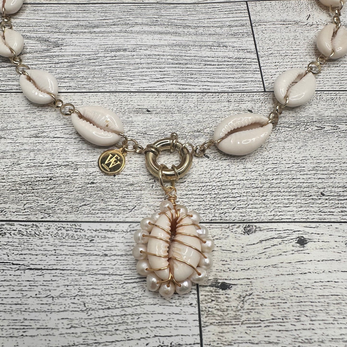 Cowry Shells Necklace with Italian Clasp And Cowry and pearls Pendant | Erika Williner Designs