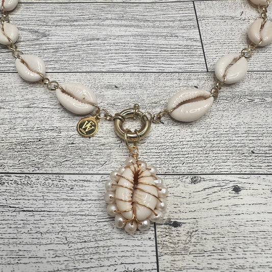 Cowry Shells Necklace with Italian Clasp And Cowry and pearls Pendant | Erika Williner Designs