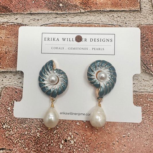 Enamel Nautilus with Baroque Pearl Earrings | Erika Williner Designs
