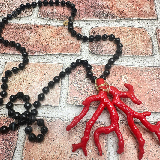 Black agate with red coral pendant necklace | Erika Williner Designs