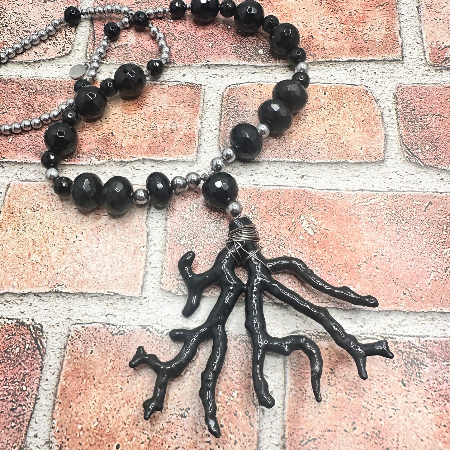 Black Agates and Stainless Steel Necklaces with Black Coral Pendant | Erika Williner Designs