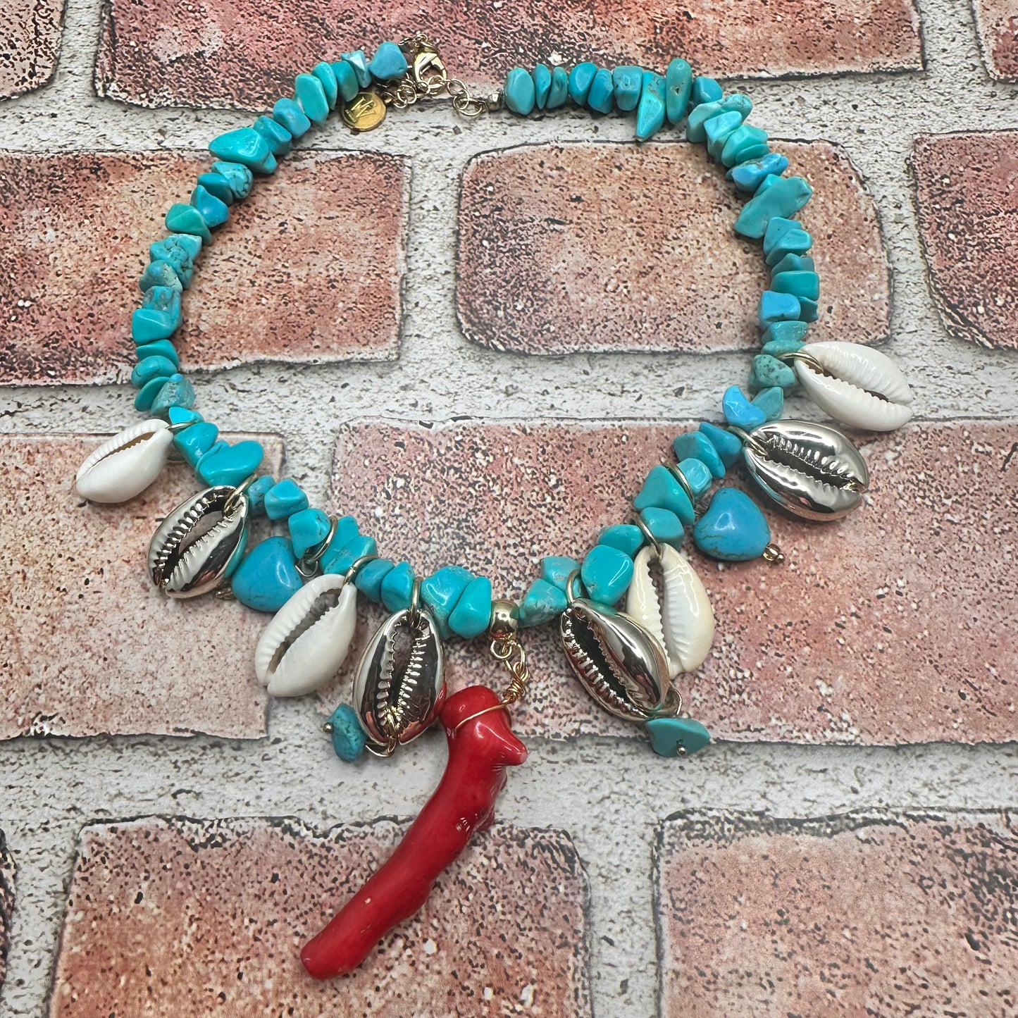 Turquoise, coral and shell short necklace | Erika Williner Designs