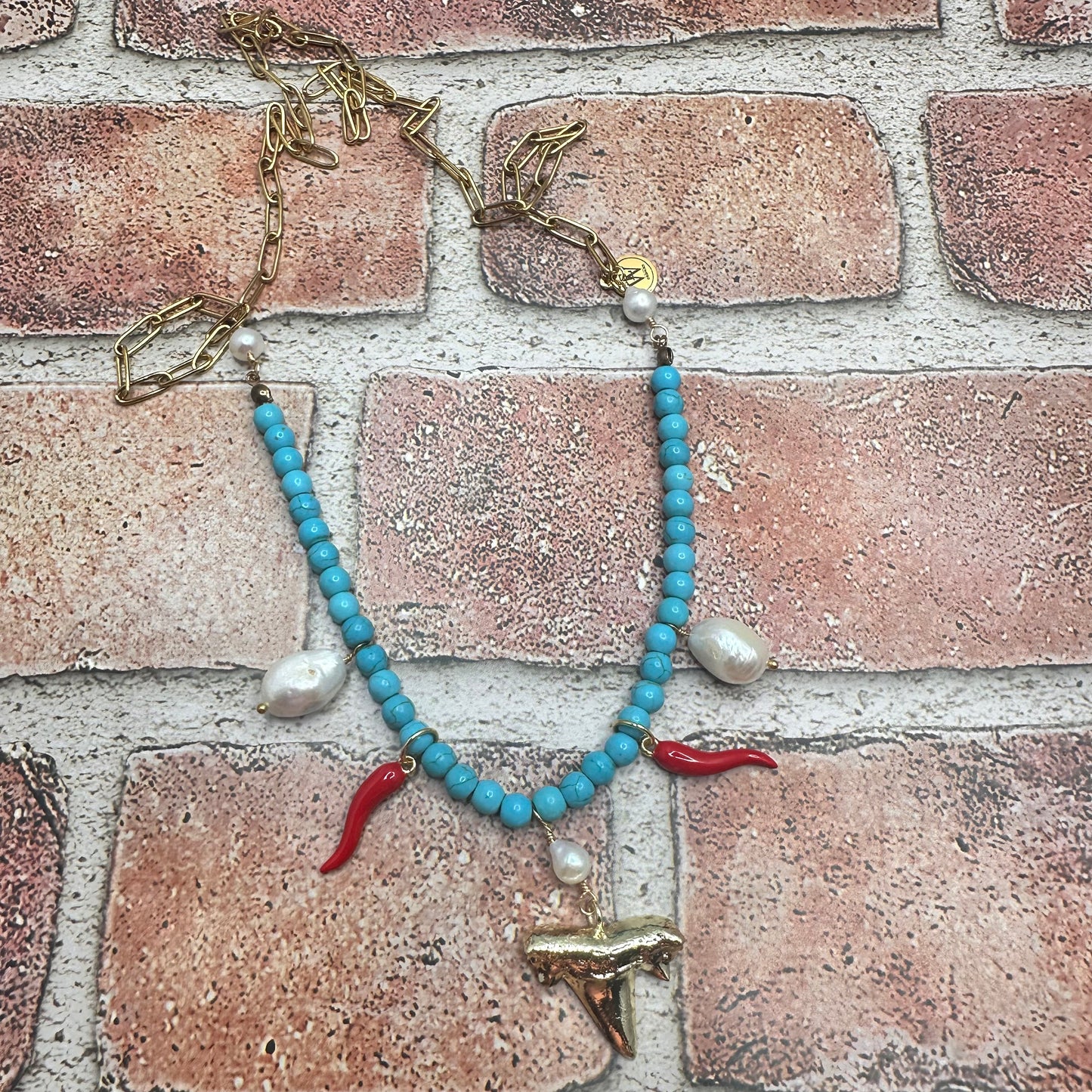 Long Necklace with turquoise beads, pearls and shark tooth  | Erika Williner Designs