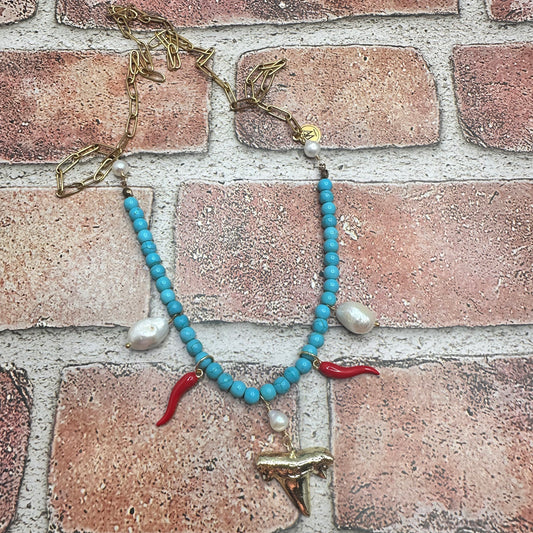 Long Necklace with turquoise beads, pearls and shark tooth  | Erika Williner Designs