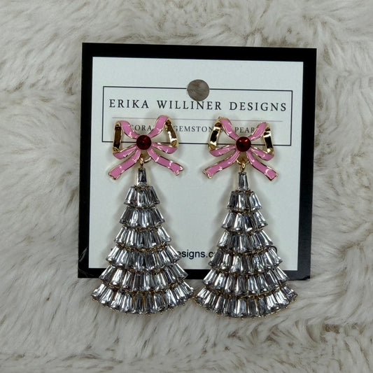Sparkly Christmas Tree Earrings With Pink Bows | Erika Williner Designs