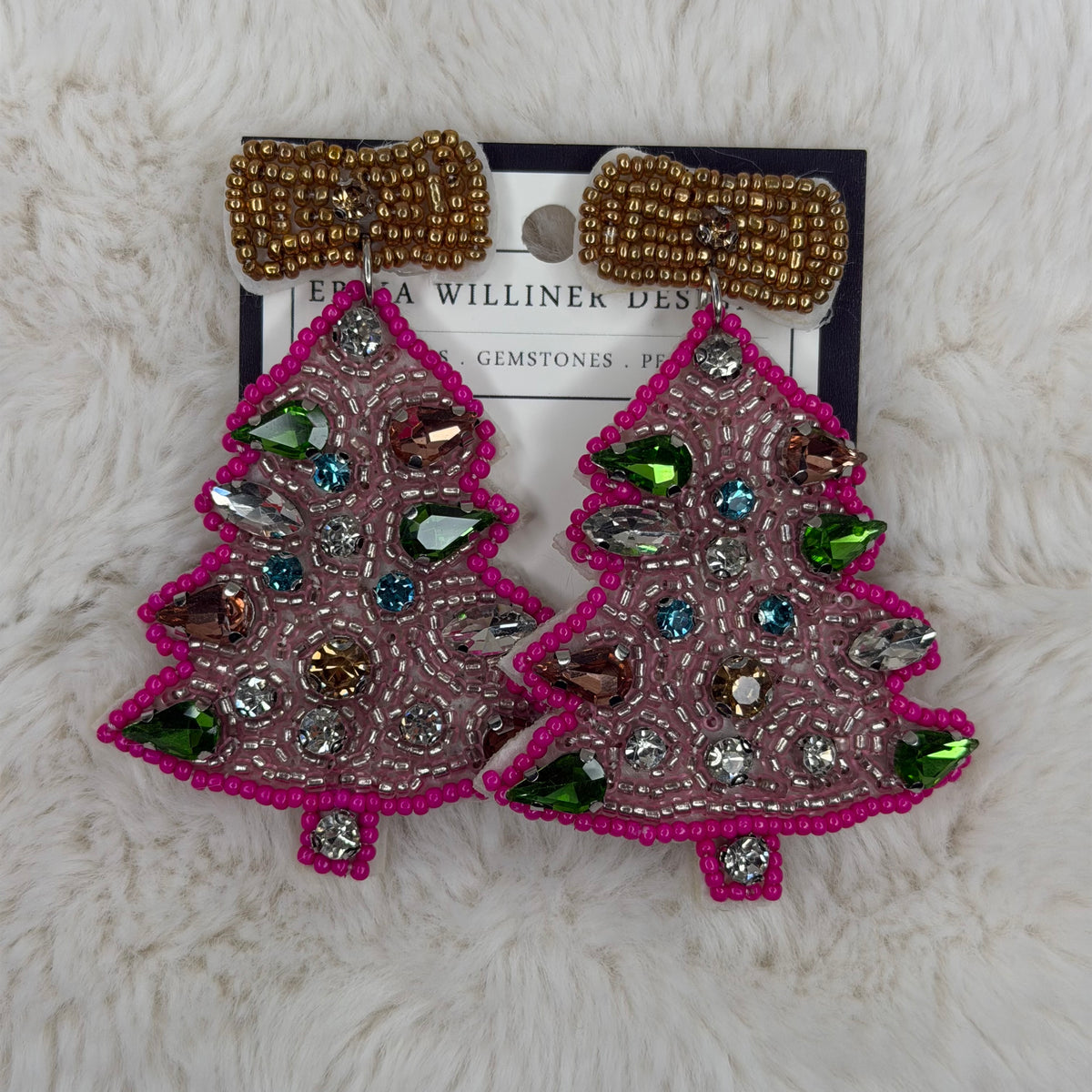 Hot Pink Beaded Christmas Earrings with Golden Bow On Top | Erika Williner Designs