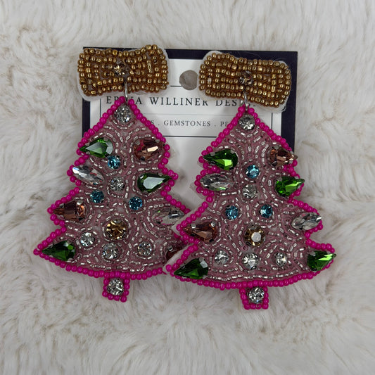 Hot Pink Beaded Christmas Earrings with Golden Bow On Top | Erika Williner Designs