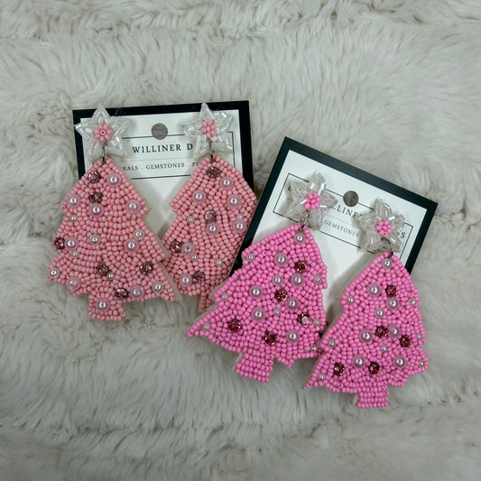 Pink Beaded Christmas Tree Earrings | Erika Williner Designs