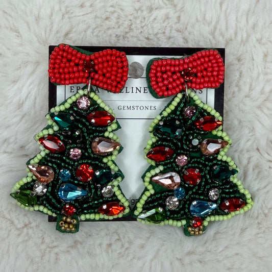 Green Beaded Christmas Tree Earrings with Red Bow | Erika Williner Designs