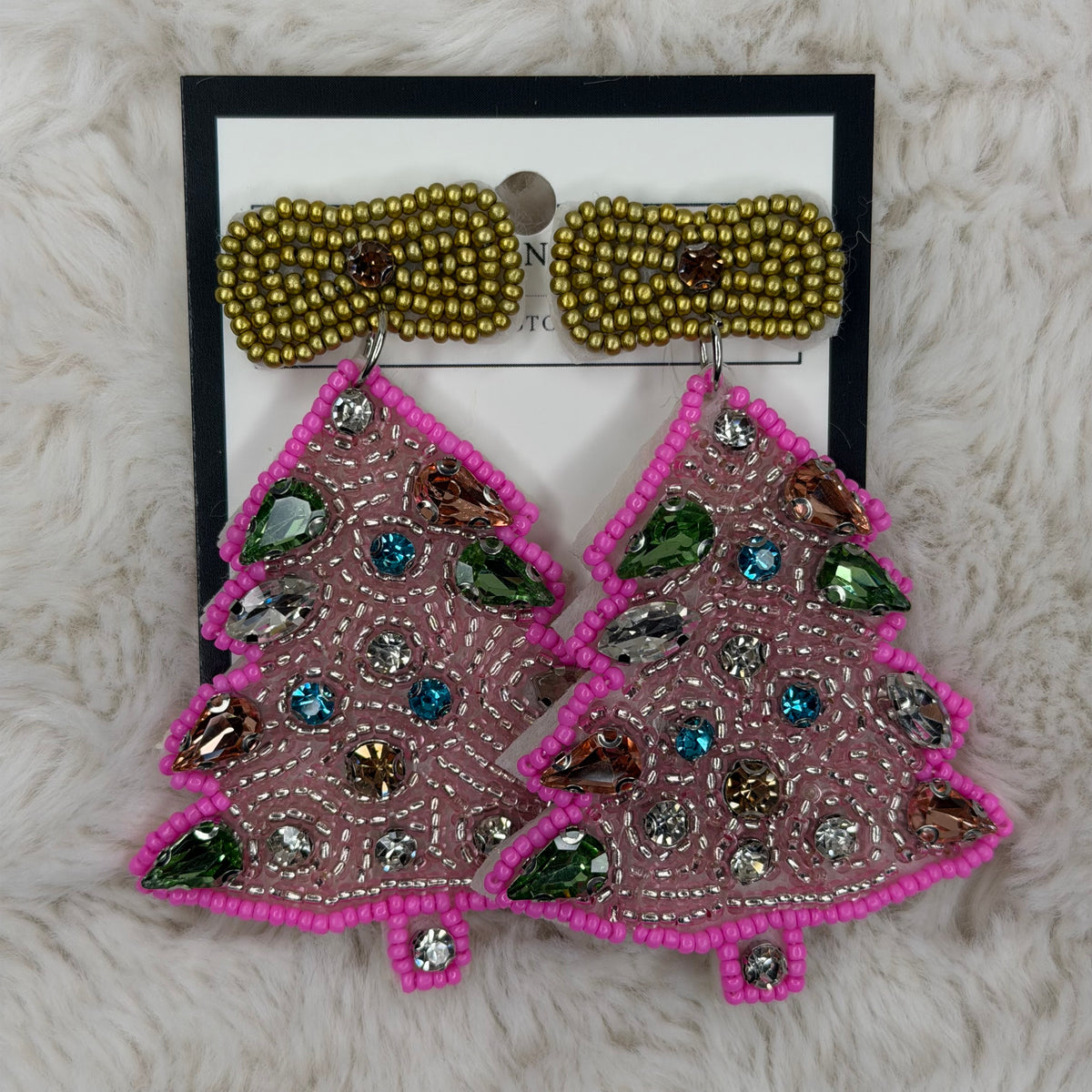 Pink Beaded Christmas Earrings with Golden Bow On Top | Erika Williner Designs