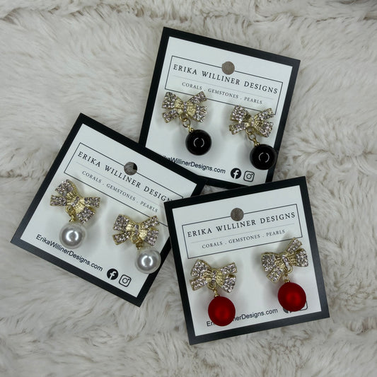 Small Bows with CZ and Red Christmas Ornament Earrings | Erika Williner Designs