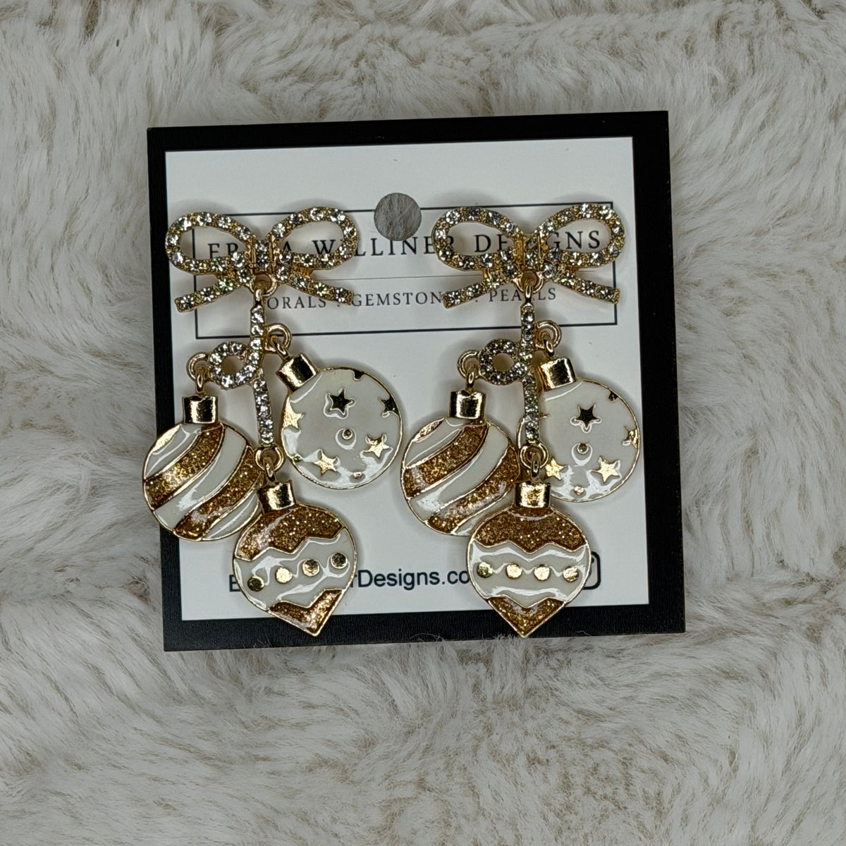 Sparkly Gold And White Ornaments with Bow Earrings | Erika Williner Designs
