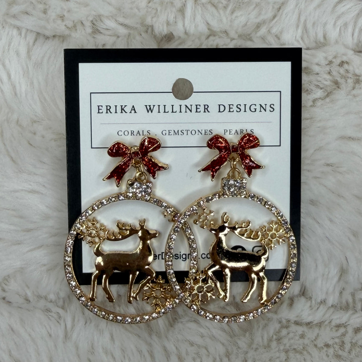 Golden Reindeer Earrings with Red Bow | Erika Williner Designs