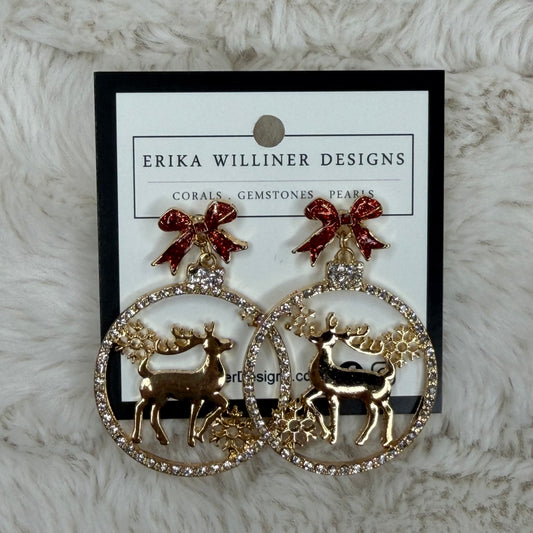 Golden Reindeer Earrings with Red Bow | Erika Williner Designs