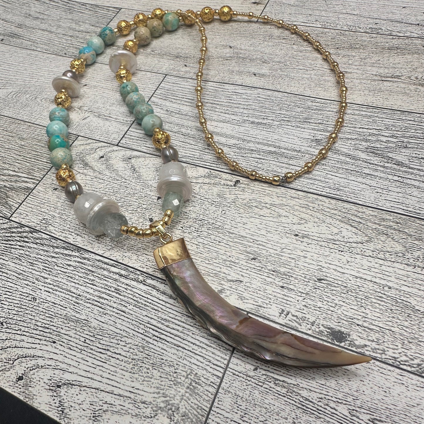 Abalone Pendant with Horn Shape, Faceted Fluorite, Gray Pearls, Coin Shape Pearls, Lava Rock, Turquoise Beads and Golden Glass Seed Beads | Erika Williner Designs