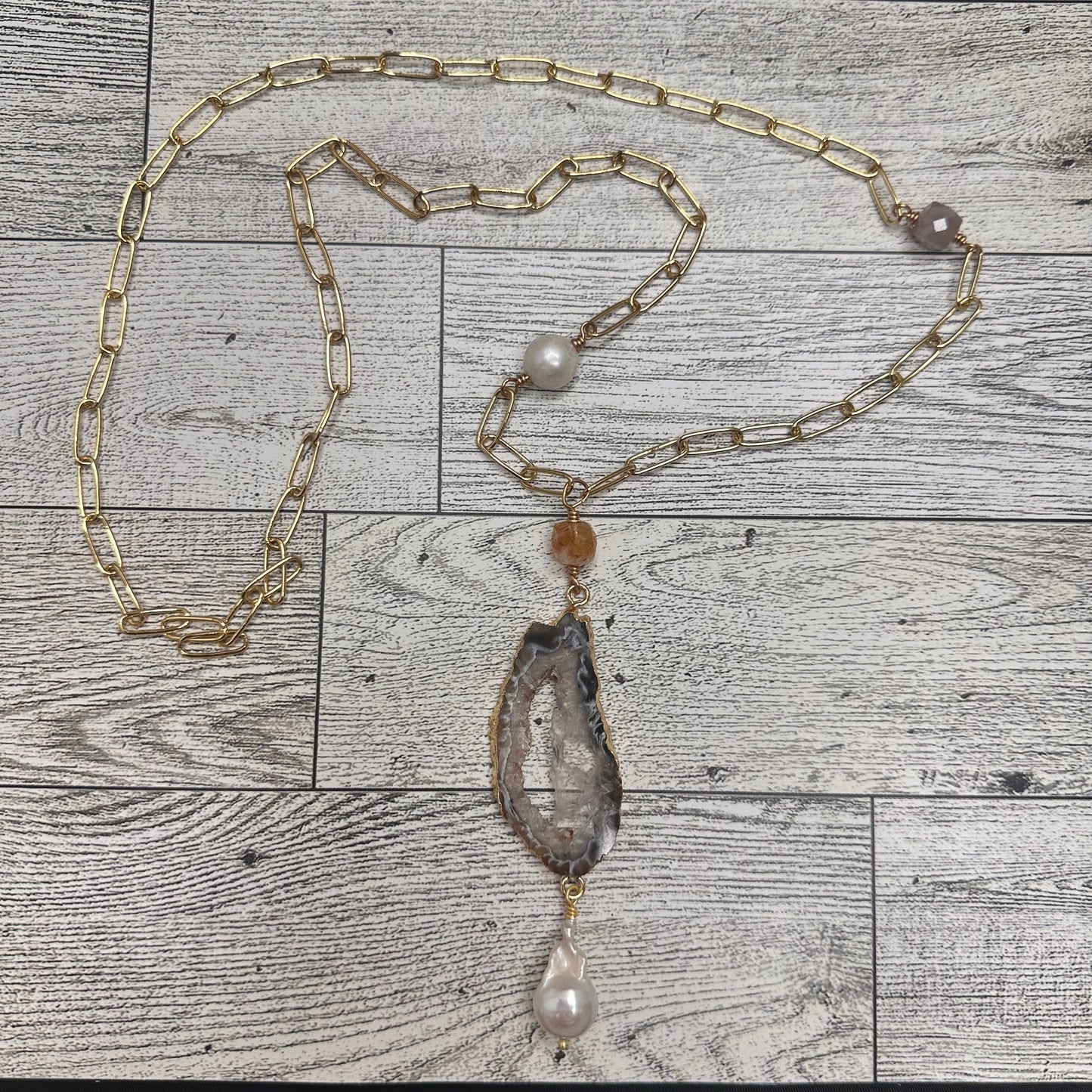 Agate Druzy, Baroque Pearl, Citrines and Fresh water Pearls Paper Clip Chain Necklace | Erika Williner Designs