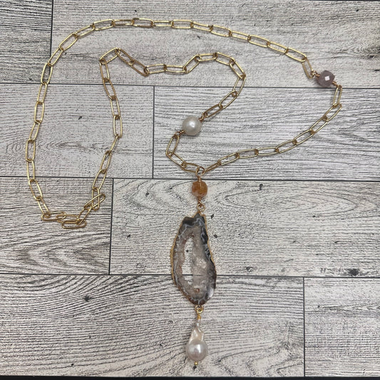 Agate Druzy, Baroque Pearl, Citrines and Fresh water Pearls Paper Clip Chain Necklace | Erika Williner Designs