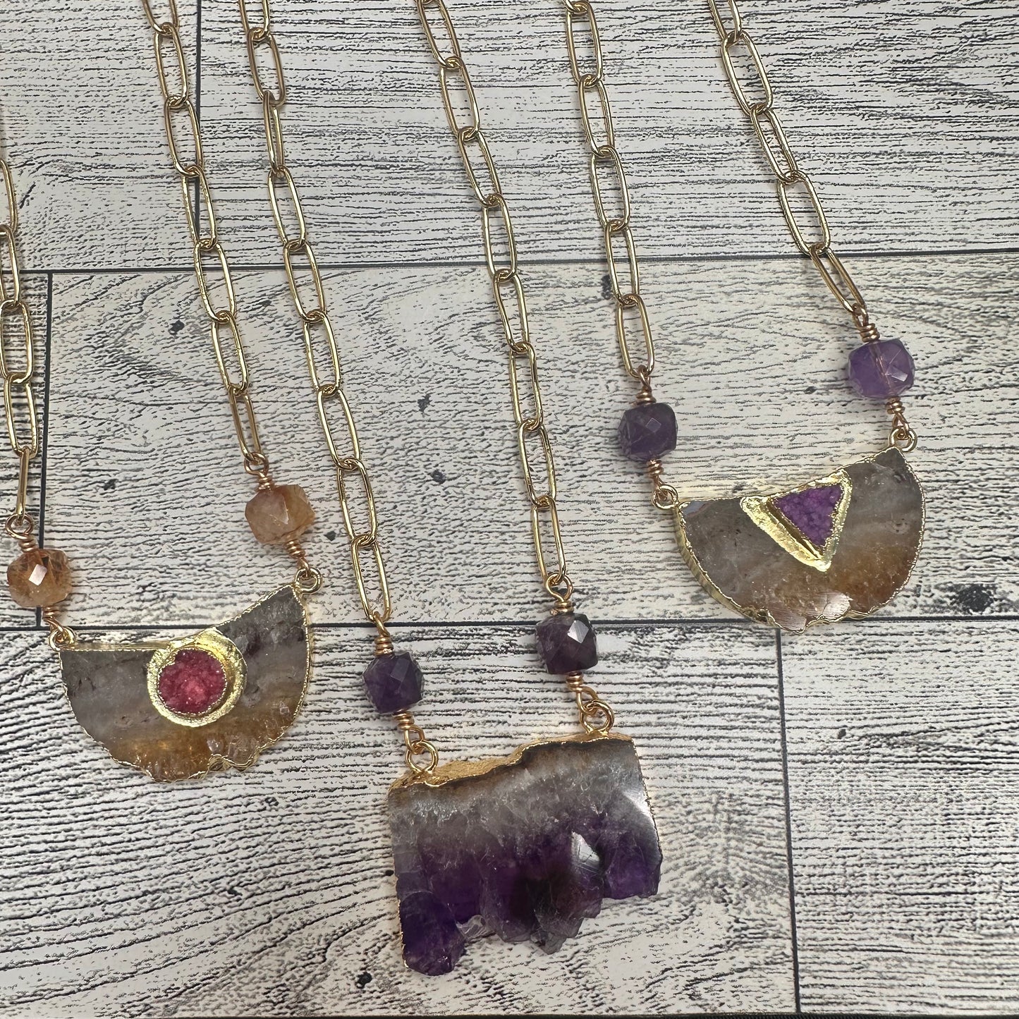 Citrine Pendant with Druzy and Amethysts in Paper Clip Chain Link Long Necklace | Erika Williner Designs