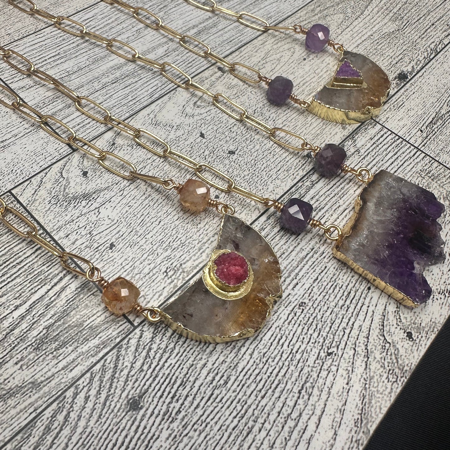 Citrine Pendant with Druzy and Amethysts in Paper Clip Chain Link Long Necklace | Erika Williner Designs