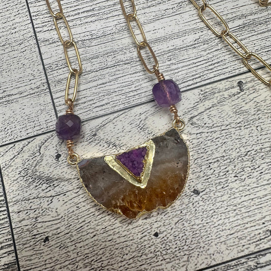 Citrine Pendant with Druzy and Amethysts in Paper Clip Chain Link Long Necklace | Erika Williner Designs