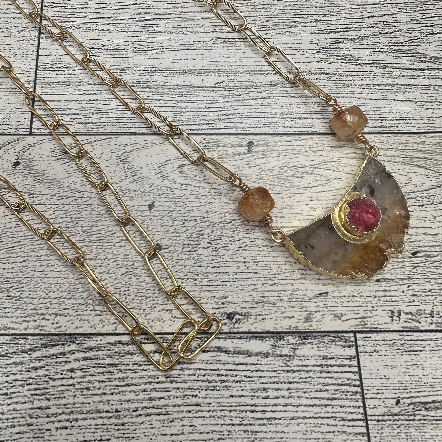 Citrini Pendant with Citrine beads and Long Paper Clip Chain Link Necklace | Erika Williner Designs